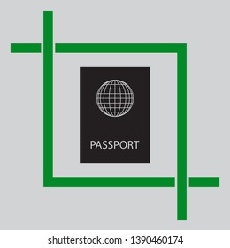 Passport sign illustration. Black icon inside green crop tool at light gray background