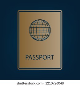 Passport sign illustration. Vector. Golden icon and border at dark cyan background.