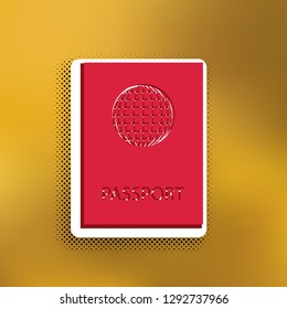 Passport sign illustration. Vector. Magenta icon with darker shadow, white sticker and black popart shadow on golden background.