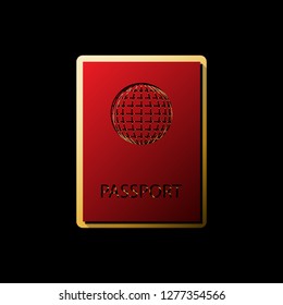 Passport sign illustration. Vector. Red icon with small black and limitless shadows at golden sticker on black background.