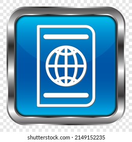 Icono simple de Passport. Diseño plano. Botón cuadrado azul metálico. cuadrícula transparente.ai