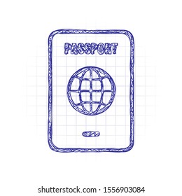 passport, simple icon. Hand drawn sketched picture with scribble fill. Blue ink. Doodle on white background