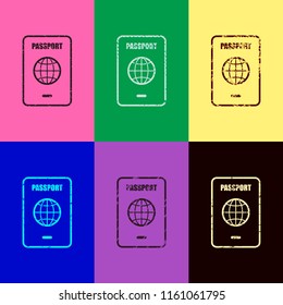 passport, simple icon. Pop art style. Scratched icons on 6 colour backgrounds. Seamless pattern