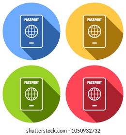 passport, simple icon. Set of white icons with long shadow on blue, orange, green and red colored circles. Sticker style