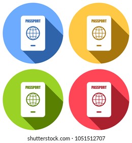 passport, simple icon. Set of white icons with long shadow on blue, orange, green and red colored circles. Sticker style