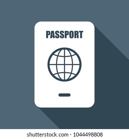 passport, simple icon. White flat icon with long shadow on background