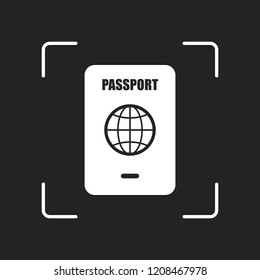 passport, simple icon. White object in camera autofocus on dark background