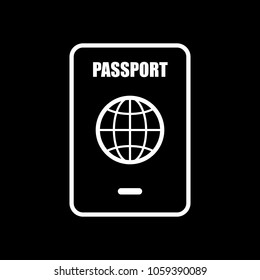 passport, simple icon. White icon on black background. Inversion