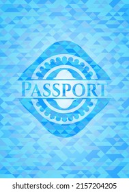 Passport sky blue emblem with mosaic ecological style background. 