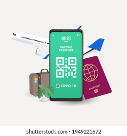 a passport and a smart phone with a certificate of vaccination against the Covid-19 disease. focus on the smart phone. Health Passport concept. travel the world.