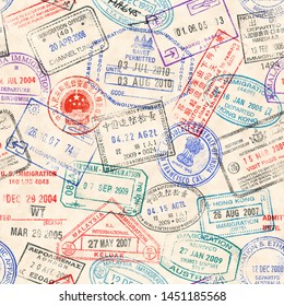 Passport stamp seamless pattern. International arrivals sign rubber, visa airport stamps and watermarks. Vector