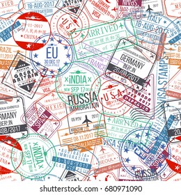 Passport stamp seamless pattern. International arrivals sign rubber, visa stamps. Vector
