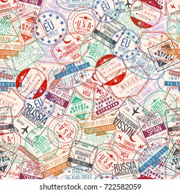 Passport Stamp Seamless Pattern. International Arrivals Sign Rubber, Visa Airport Stamps And Watermarks. Vector