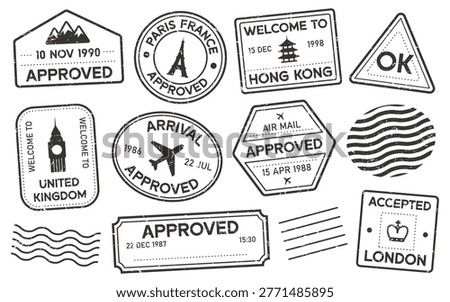 Passport stamp set with arrival, approved, airmail marks and wavy post lines in rough hand-drawn style. Symbol of journey, visa, adventure, mail, and global transit. Cartoon vector illustration.