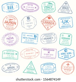Passport stamp set  Visa stamps for travel  International airport grunge sign  Immigration  arrival   departure symbols and different cities   countries  Vector illustration 