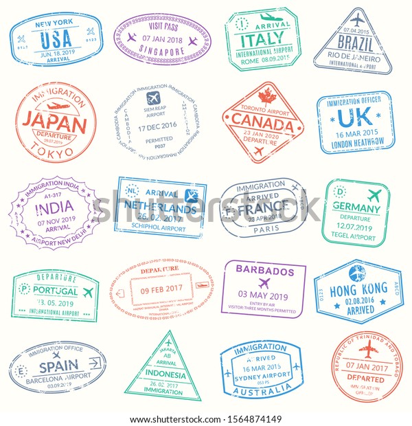 パスポートスタンプセット ビザの切手は旅行に使う 国際空港グランジサイン 入国 到着 出国の記号 ベクターイラスト のベクター画像素材 ロイヤリティフリー