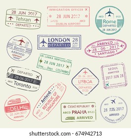 Passport stamp of travel visa isolated set. Italy, Greece, Germany, UK, India, Canada, Portugal and Korea country visa of arrival and departure passport stamp. Tourism, immigration themes design