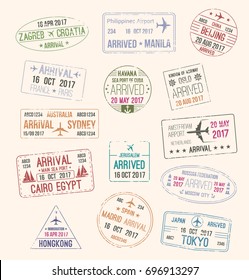 Passport Stamp And Travel Visa Sign Set Of Arriving To France, Spain, Japan, China, Russia, Norway, Australia, Egypt, Netherlands And Croatia. Tourism, Passport Control And Immigration Themes Design