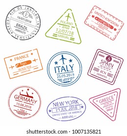 Passport stamp or visa signs for entry  to the different countries Europe.  International Airport  symbols. Vector