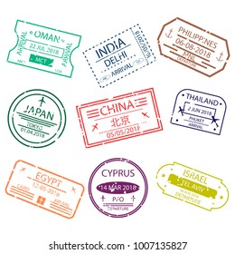 Passport stamp or visa signs for entry  to the different countries Asia.  International Airport  symbols. Vector