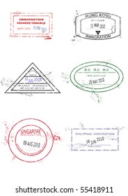 Passport stamps from Asia. Grungy page with scalable grunge stamps (not real). Asia destinations: Bangkok (Thailand), Hong Kong, Jakarta (Indonesia), Tokyo (Japan), Singapore, Manila (Philippines).