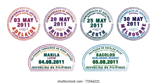 Passport stamps from Australia and the Philippines in vector format.