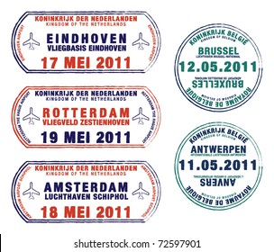 Passport stamps of Belgium and the Netherlands in vector format.