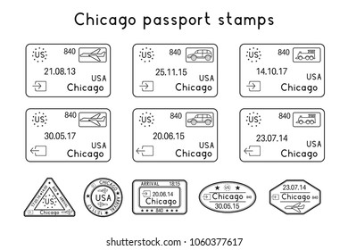 Passport stamps. Chicago, USA. Arrival and departure by car, train, plane. Set of black stamps. Vector illustration isolated on white background