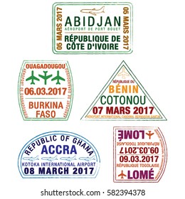 Passport stamps Cote d'Ivoire, Burkina Faso, Benin, Ghana and Togo in vector format. Translation: Aéroport - Airport.