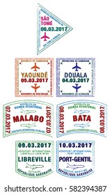 Passport stamps Cote d'Ivoire, Burkina Faso, Benin, Ghana and Togo in vector format. Translation: Aéroport - Airport.