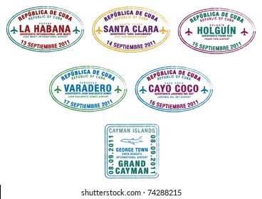 Passport stamps from Cuba and the Cayman Islands in the Caribbean in vector format.