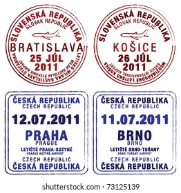 Passport stamps of Czech Republic and Slovakia in vector format.