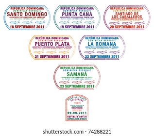 Passport stamps from the Dominican Republic and Haiti on the island of Hispaniola in the Caribbean in vector format.