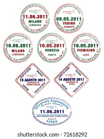 Passport stamps from France, Italy and Greece in vector format.