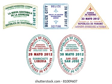 Passport stamps of Guatemala, Belize, Panama and Costa Rica in vector format.
