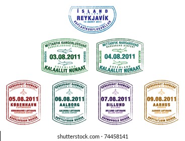 Passport stamps from Iceland, Greenland and Denmark in vector format.