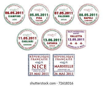 Passport stamps from Italy, Malta and France in vector format.