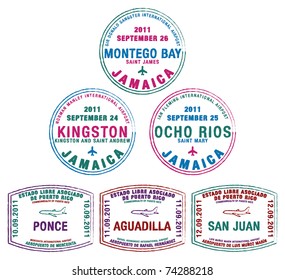 Passport stamps from Jamaica and Puerto Rico in the Caribbean in vector format. svg