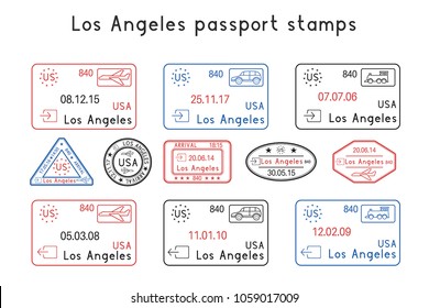 Passport stamps. Los Angeles, USA. Arrival and departure by car, train, plane. Set of colored stamps. Vector illustration isolated on white background