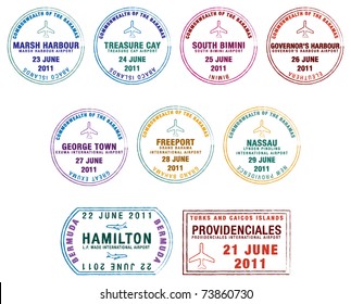 Passport stamps of the Lucayan Islands (Bermuda, the Bahamas and Turks & Caicos) in vector format.