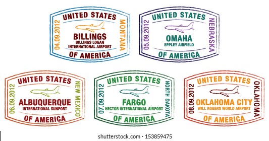 Passport Stamps Of Major US Airports In Vector Format.