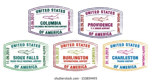 Passport Stamps Of Major US Airports In Vector Format.