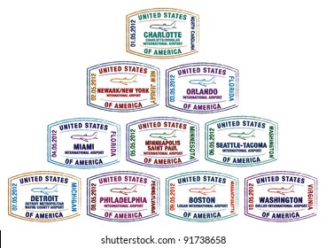 Passport Stamps Of Major US Airports In Vector Format.