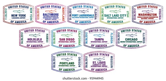 Passport Stamps Of Major US Airports In Vector Format.