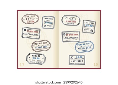 Passport stamps on open passport pages. Many visa stamps. Traveler passport.