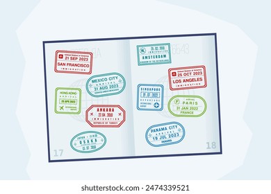 Passport stamps on open passport pages. Many visa stamps. Traveler passport.