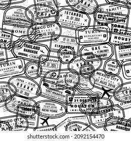 Passport stamps seamless texture. Vector passport stamp vintage style black texture. Seamless travel pattern.