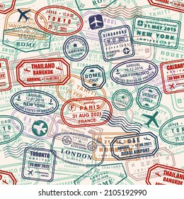 Passport stamps seamless texture. Vector passport stamp vintage style texture. Seamless travel retro pattern.