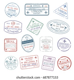 Passport stamps set with city names Rome Italy , London or Lisbon and Athens, Tehran or Delhi and Seoul, Singapore, Berlin Germany and Dublin, Colombo. Travel country arrival vector isolated icons