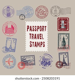 Passport stamps texture. Vector passport stamp vintage style texture. International travel retro pattern.